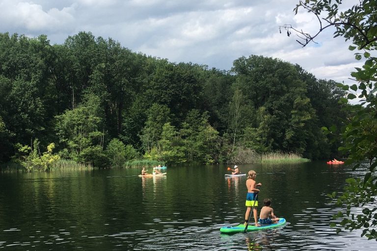 Auf dem Bild sind Stand Up Paddler:innen auf einem See zu sehen.